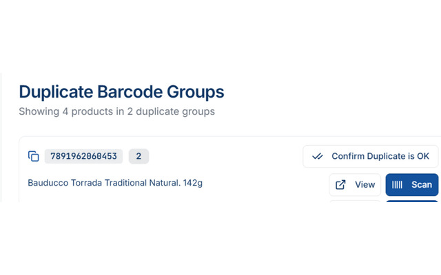 Duplicate barcode groups screen in the DataMintify dashboard