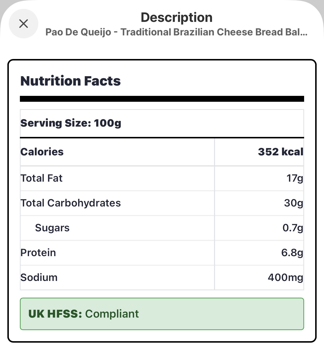 Real FDA-style nutrition facts panel generated by DataMintify on a Shopify product page